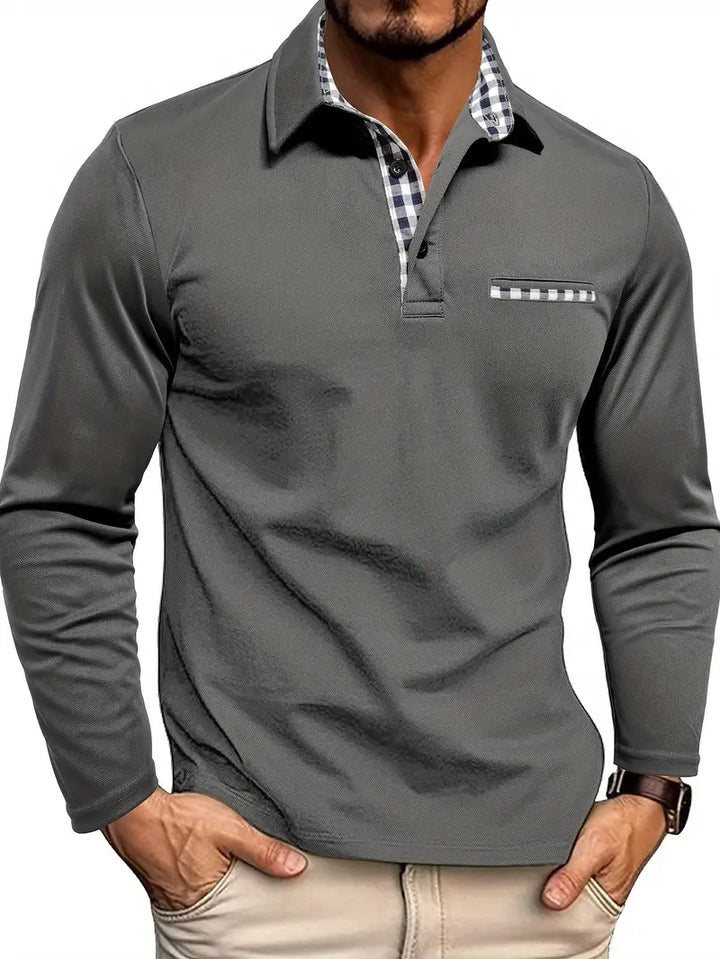 Herre langærmet poloshirt med ternet krave og brystlomme