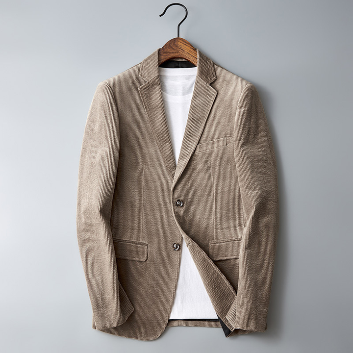 Herreblazer med ribbet struktur, revers, to knapper og lommer