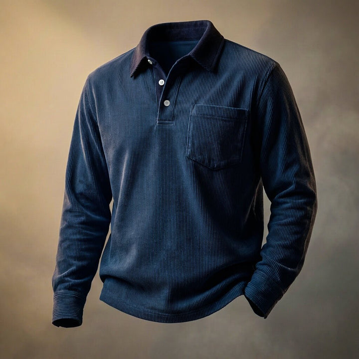 Langærmet herrepoloshirt med ribstruktur, polokrave, knapstolpe og brystlomme