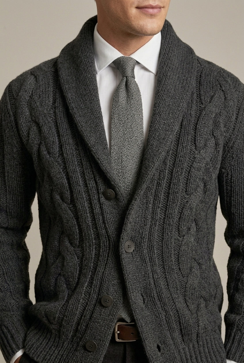 Herrecardigan med kabelstrik, sjalskrave, knapper og lange ærmer