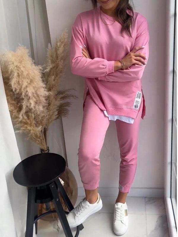 Damesæt med langærmet sweatshirt med rund hals og matchende bukser
