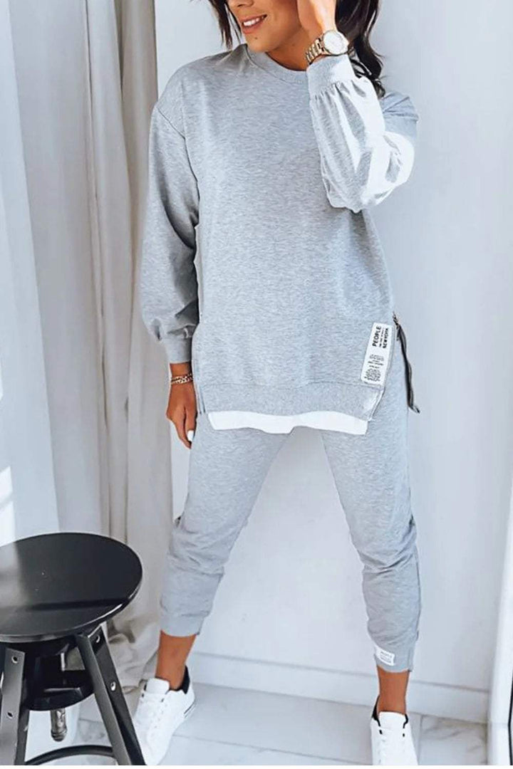 Damesæt med langærmet sweatshirt med rund hals og matchende bukser