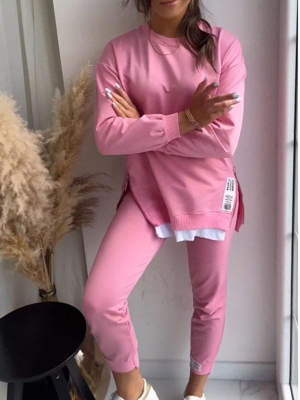 Damesæt med langærmet sweatshirt med rund hals og matchende bukser