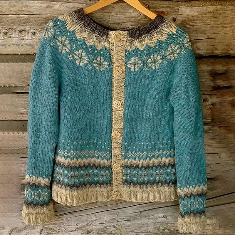 Turkis cardigan med flerfarvet mønster, rund hals og knapper