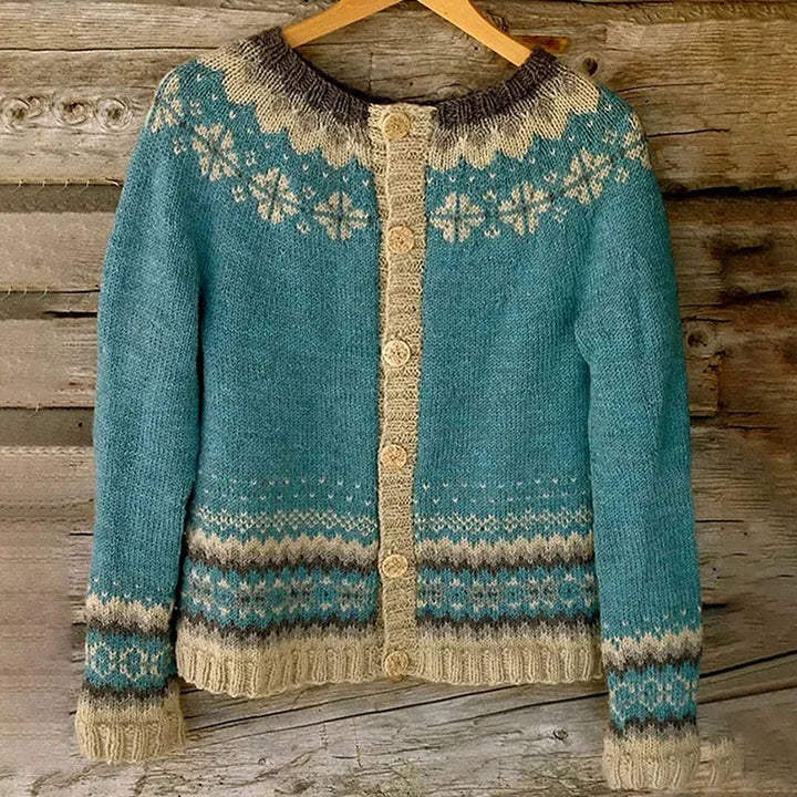 Turkis cardigan med flerfarvet mønster, rund hals og knapper