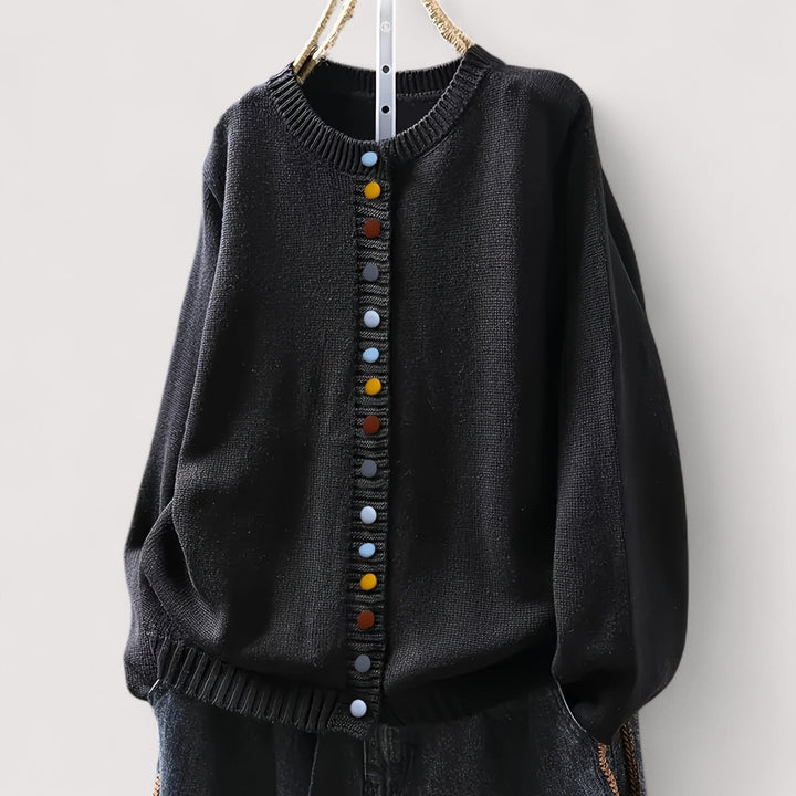 Strikcardigan med rund hals, lange ærmer, ribkanter og farvede knapper