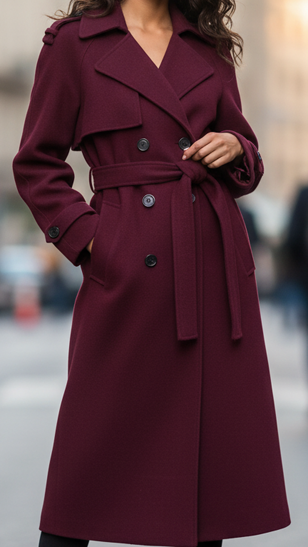 Bordeaux dame-trenchcoat med reverskrave, knapper og bindebælte