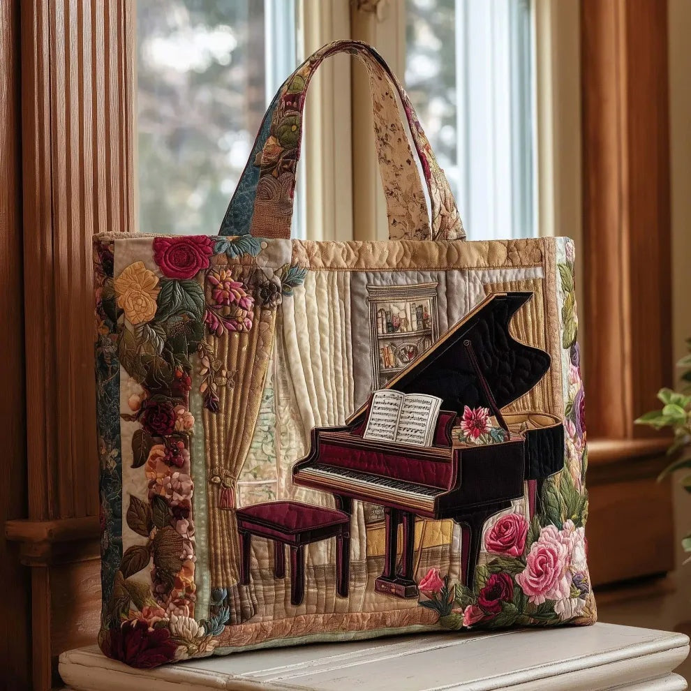 Quiltet shopper med dobbelt håndtag og dekorativt blomstret kunstmotiv