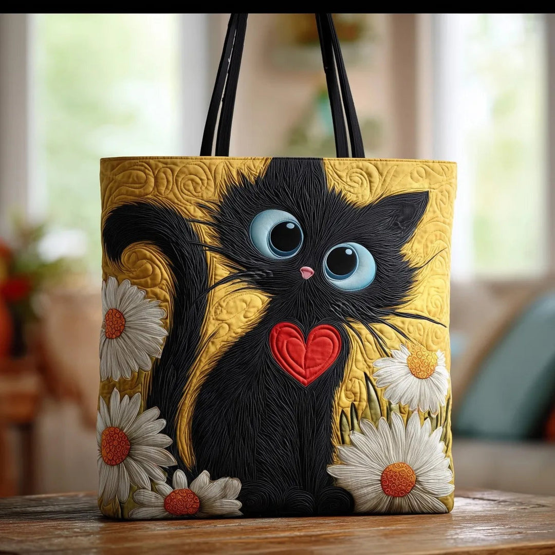 Quiltet shopper med dobbelt håndtag og dekorativt blomstret kunstmotiv