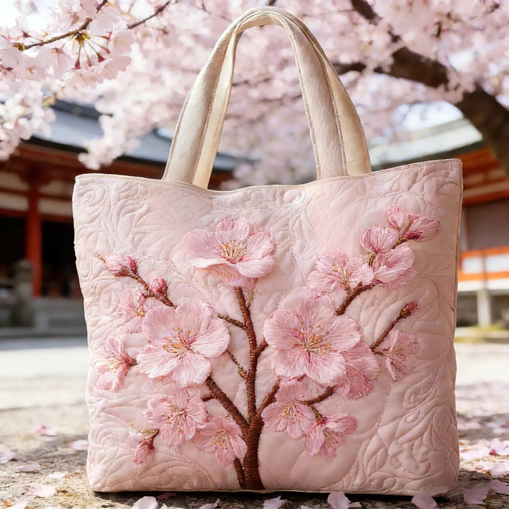 Quiltet shopper med dobbelt håndtag og dekorativt blomstret kunstmotiv