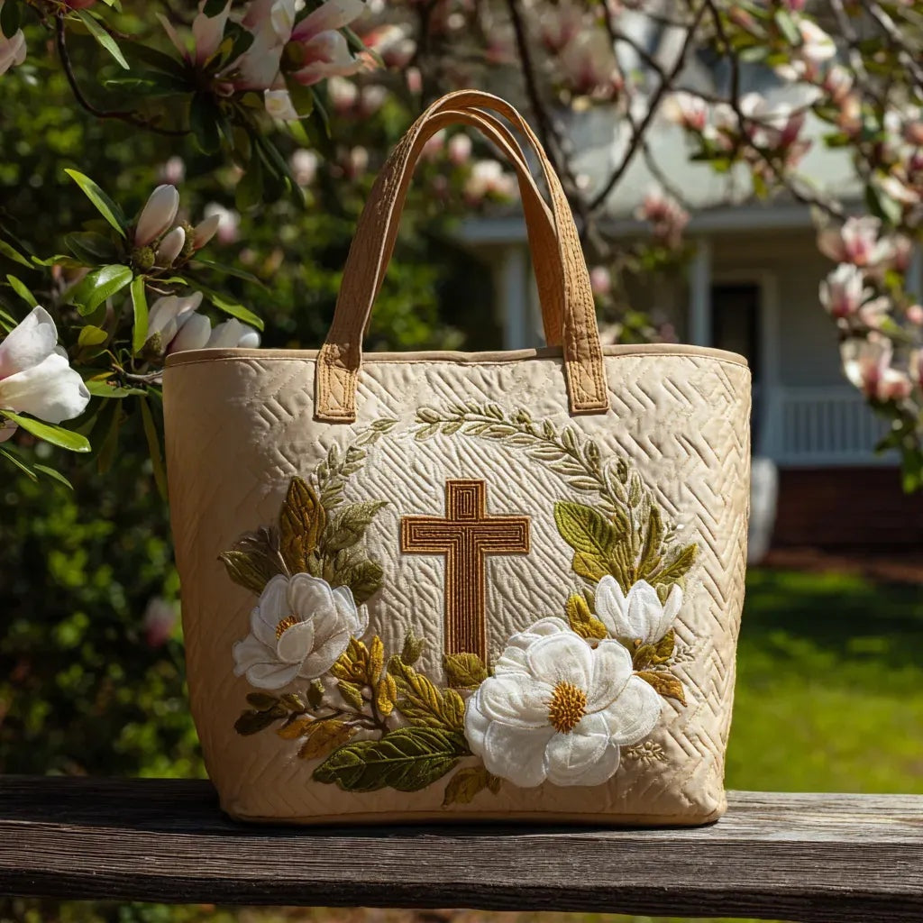 Quiltet shopper med dobbelt håndtag og dekorativt blomstret kunstmotiv