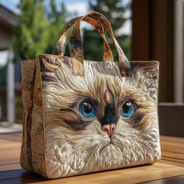 Quiltet shopper med dobbelt håndtag og dekorativt blomstret kunstmotiv