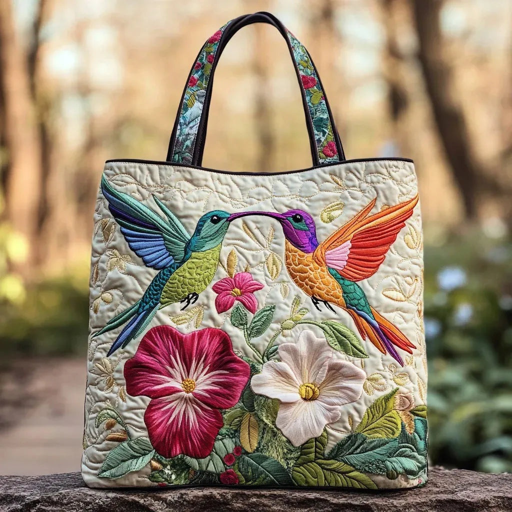Quiltet shopper med dobbelt håndtag og dekorativt blomstret kunstmotiv