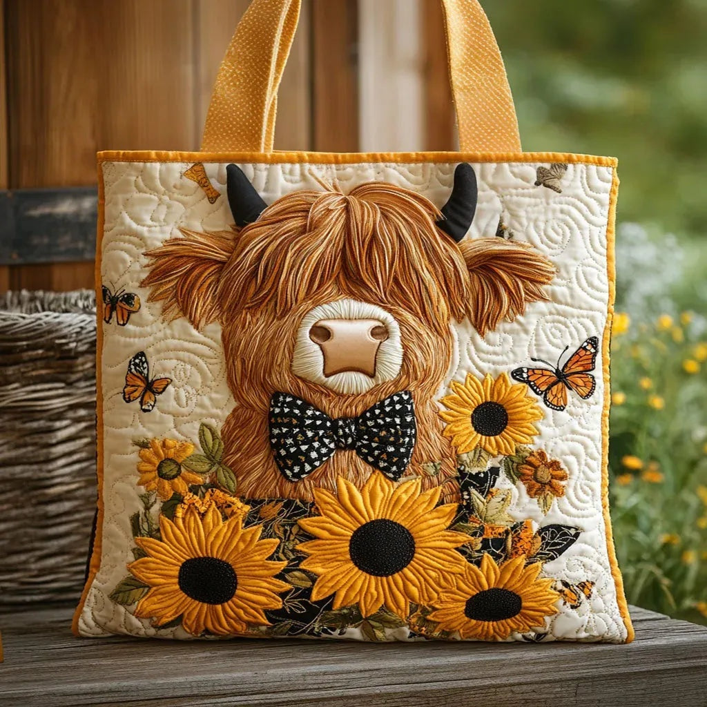 Quiltet shopper med dobbelt håndtag og dekorativt blomstret kunstmotiv