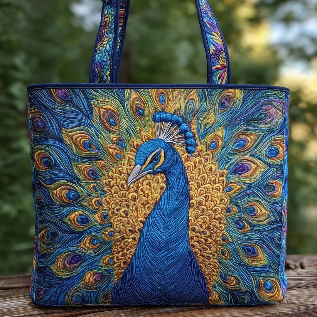 Quiltet shopper med dobbelt håndtag og dekorativt blomstret kunstmotiv