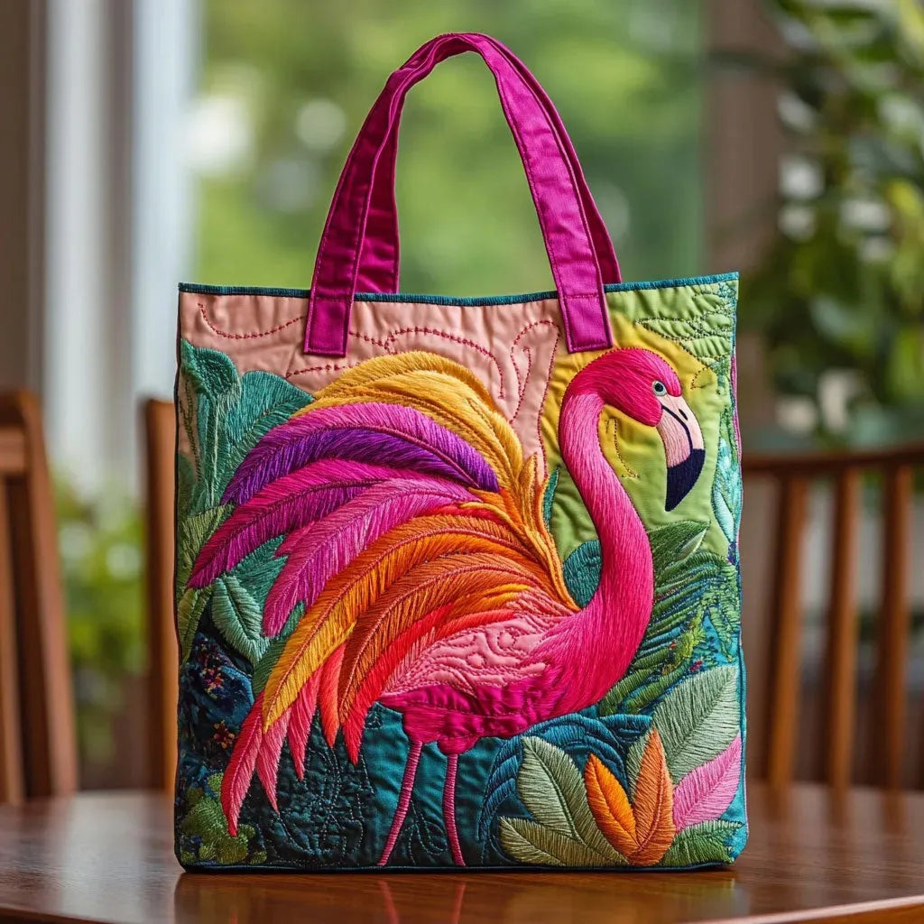 Quiltet shopper med dobbelt håndtag og dekorativt blomstret kunstmotiv