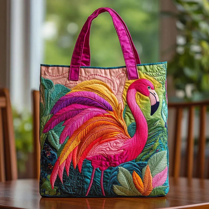 Quiltet shopper med dobbelt håndtag og dekorativt blomstret kunstmotiv