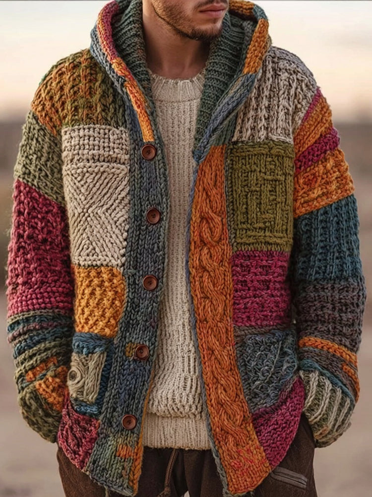 Flerfarvet herrecardigan med hætte, knapper og patchworkstrik