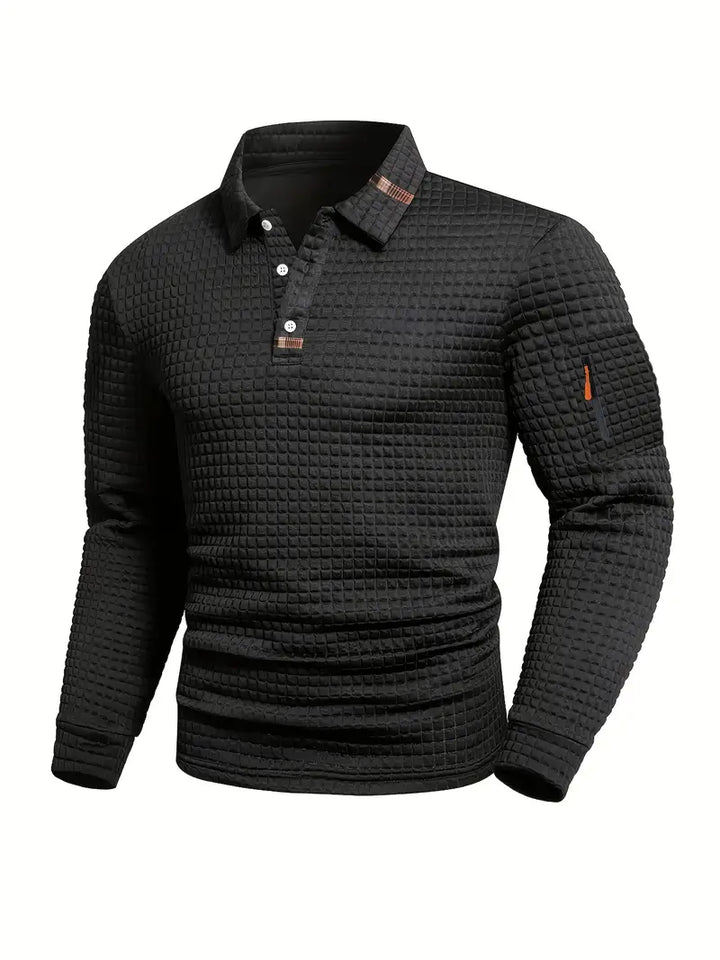 Langærmet herrepoloshirt med quiltet struktur, krave og lynlåslomme på ærmet