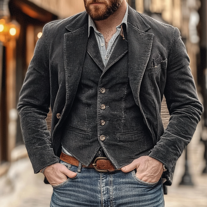 Herreblazer med matchende vest, revers og ribbet struktur