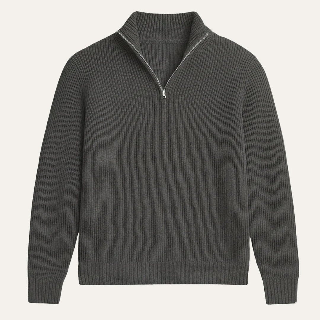 Herresweater i ribstrik med høj krave og halv lynlås