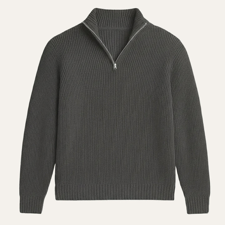 Herresweater i ribstrik med høj krave og halv lynlås