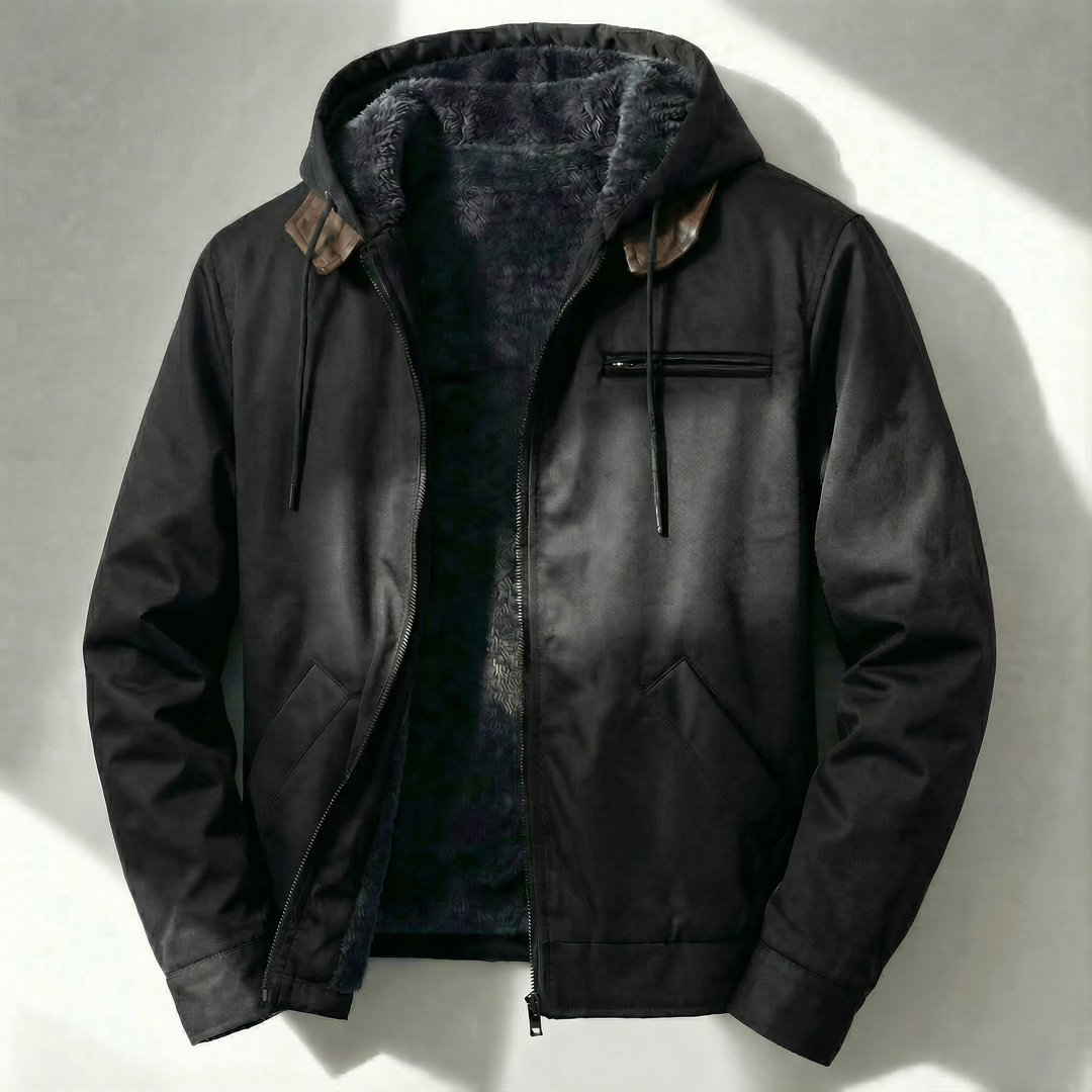 Herrejakke med hætte, lynlås og flere lommer