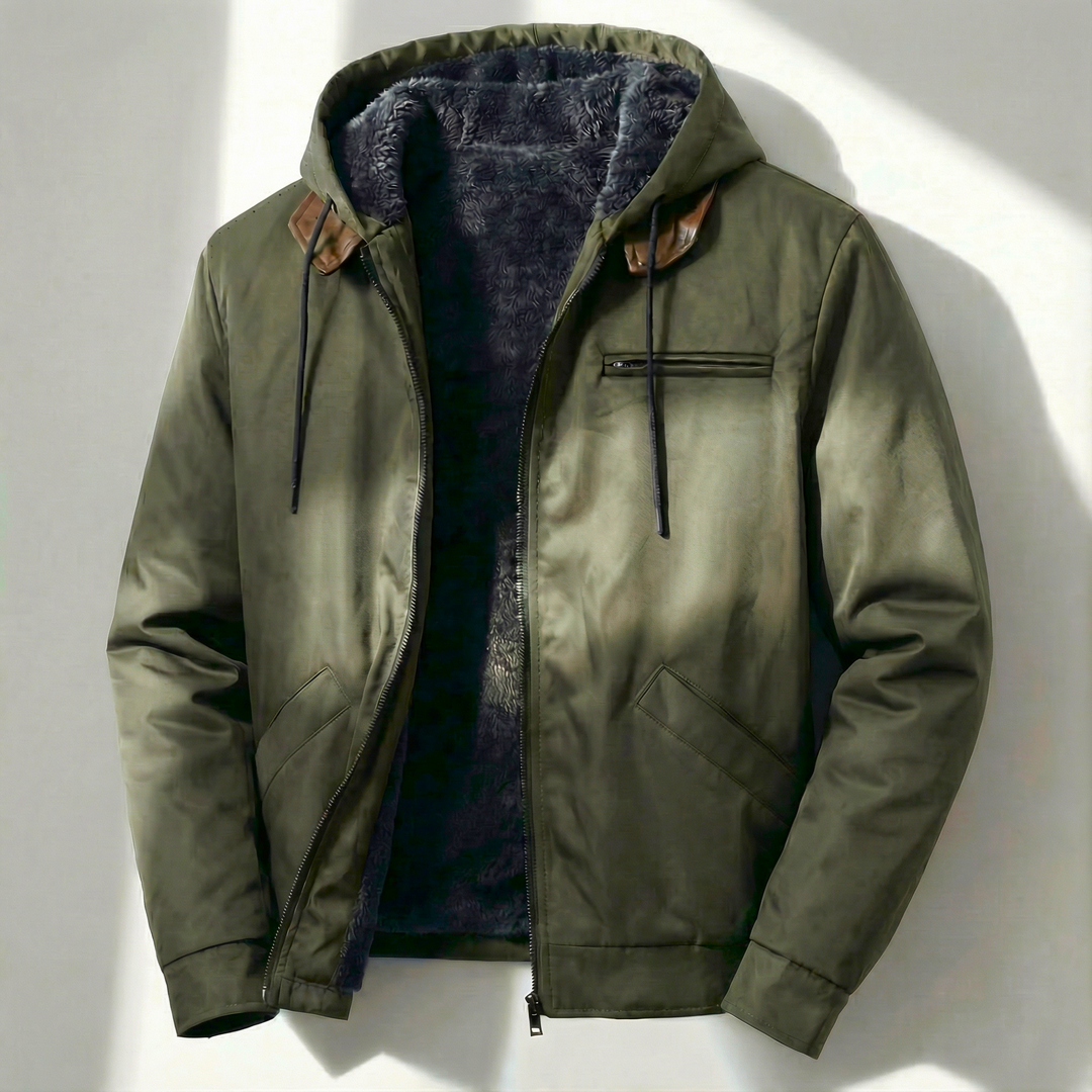 Herrejakke med hætte, lynlås og flere lommer