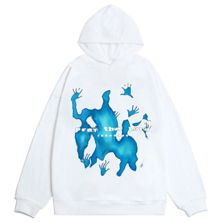 Unisex hættetrøje med blå grafisk frontmotiv og hætte