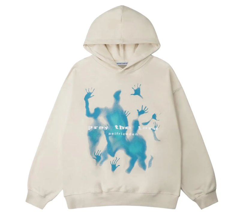 Unisex hættetrøje med blå grafisk frontmotiv og hætte