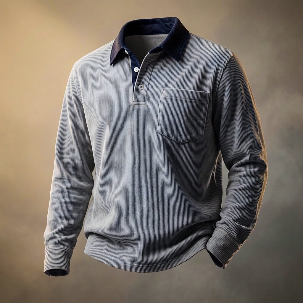 Langærmet herrepoloshirt med ribstruktur, polokrave, knapstolpe og brystlomme