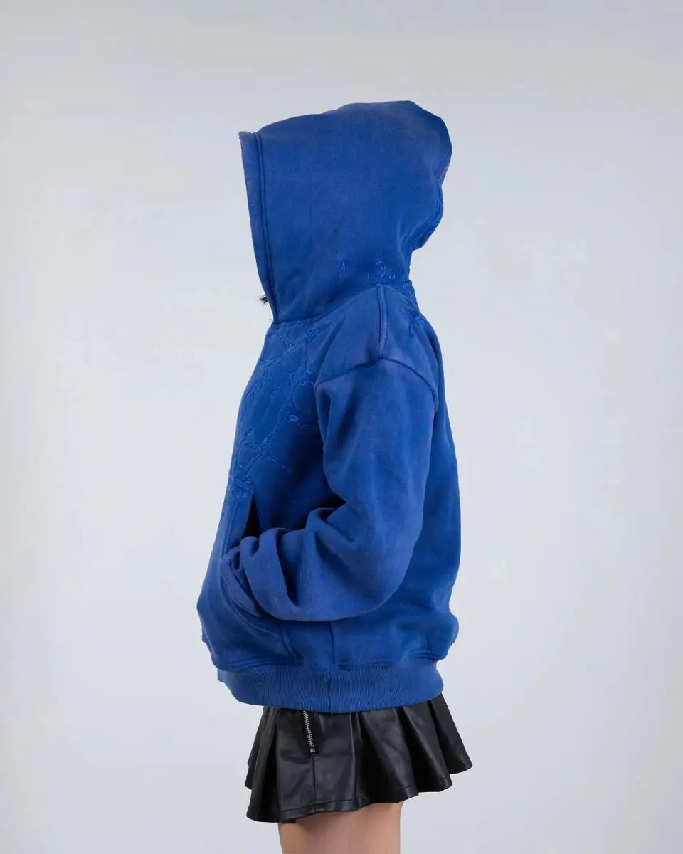 Dame hoodie med lynlås, hætte og broderet rygmotiv
