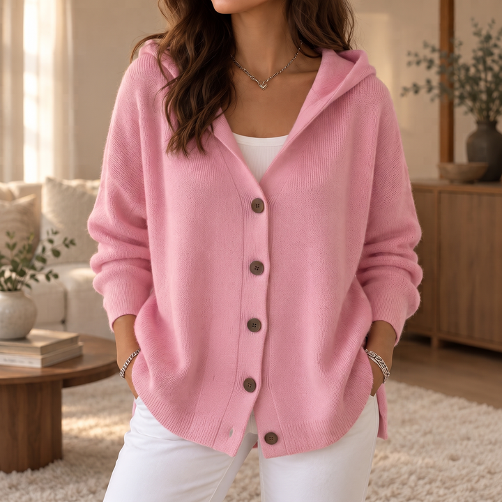 Damecardigan i strik med hætte, knapper og lange ærmer