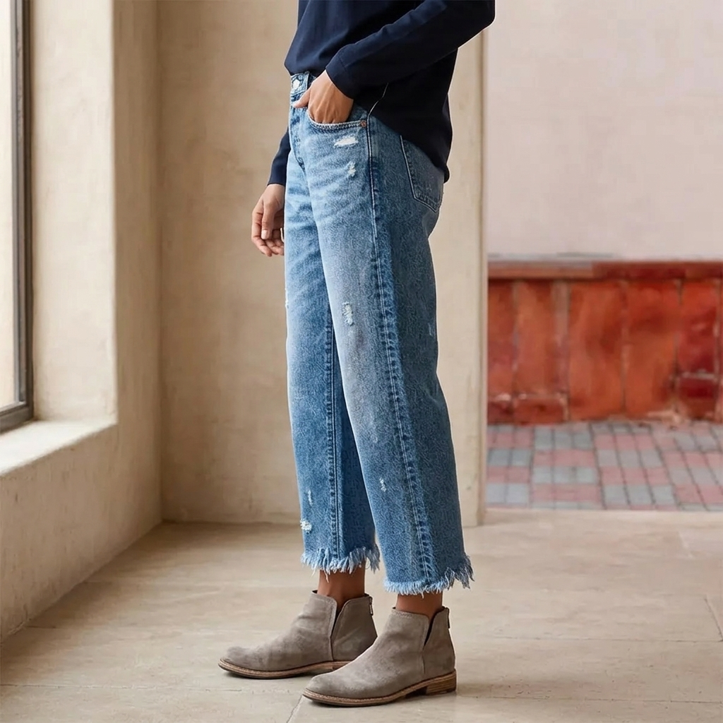 Damejeans med lige ben, slidte detaljer og frynsede cropped kanter