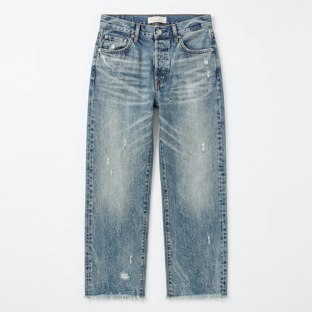 Damejeans med lige ben, slidte detaljer og frynsede cropped kanter
