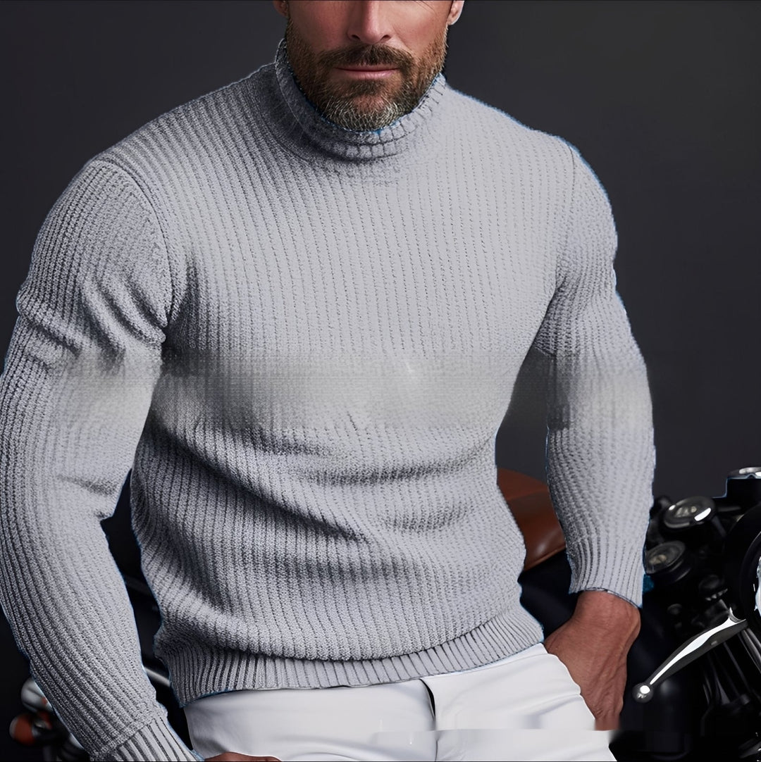 Herre-rullekravesweater med høj krave, lange ærmer og lodret ribstruktur