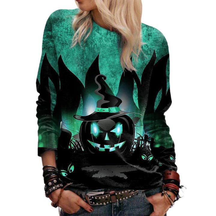 Damesweatshirt med grafisk Halloweenmotiv, græskar, heksehat og katte
