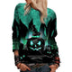 Damesweatshirt med grafisk Halloweenmotiv, græskar, heksehat og katte
