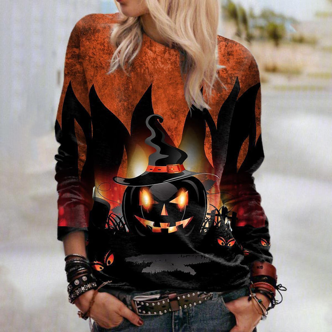 Damesweatshirt med grafisk Halloweenmotiv, græskar, heksehat og katte