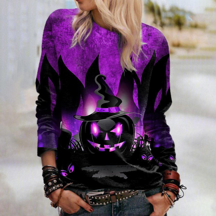 Damesweatshirt med grafisk Halloweenmotiv, græskar, heksehat og katte