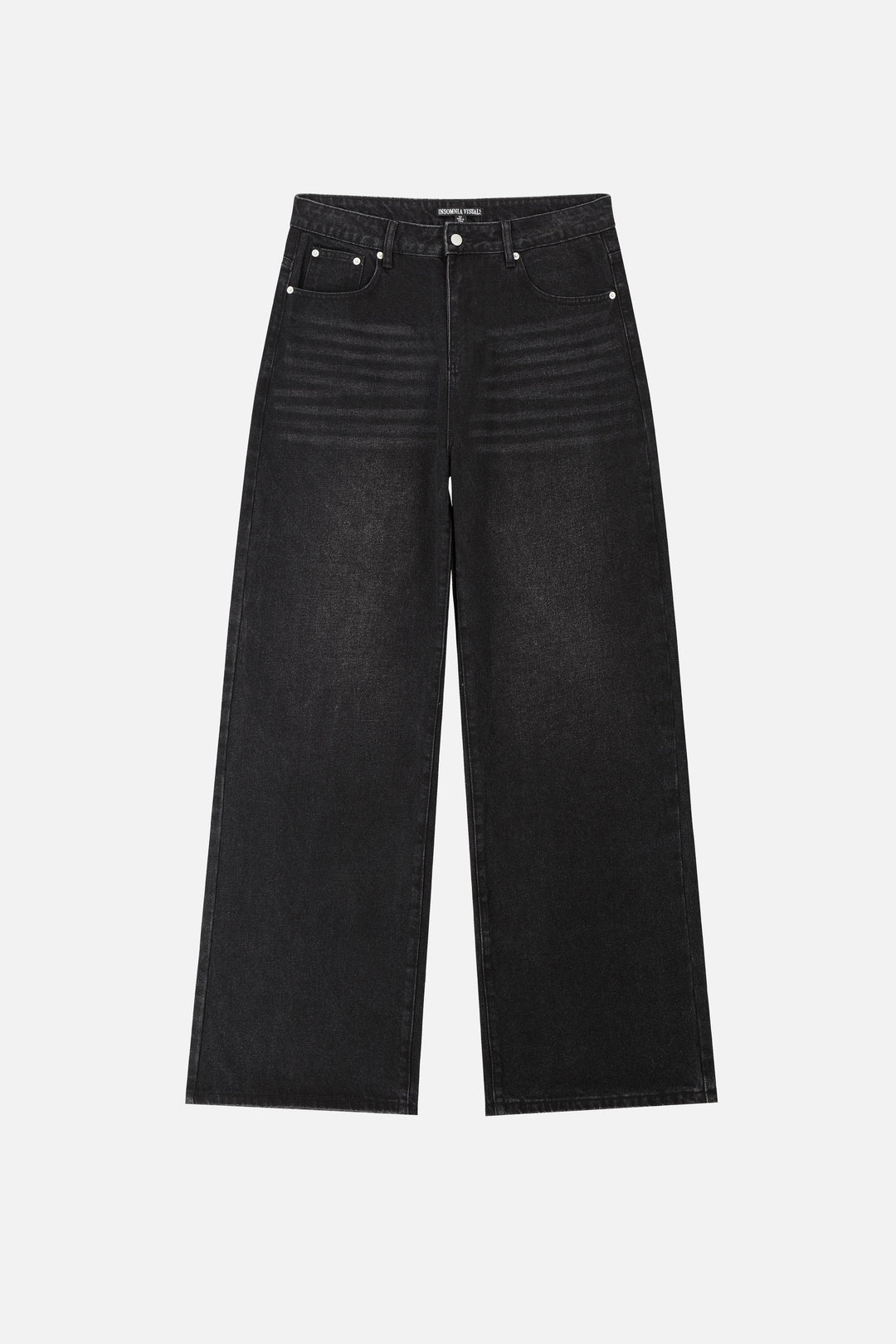 Sorte herrejeans med brede ben og grafisk mønster på baglommerne