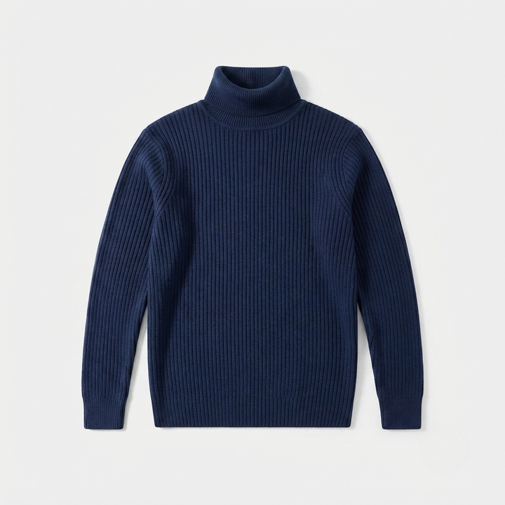 Herre ribstrikket rullekravesweater med lange ærmer og tætsiddende pasform