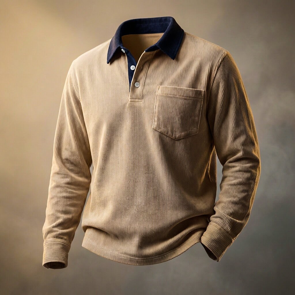 Langærmet herrepoloshirt med ribstruktur, polokrave, knapstolpe og brystlomme