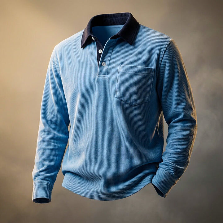 Langærmet herrepoloshirt med ribstruktur, polokrave, knapstolpe og brystlomme