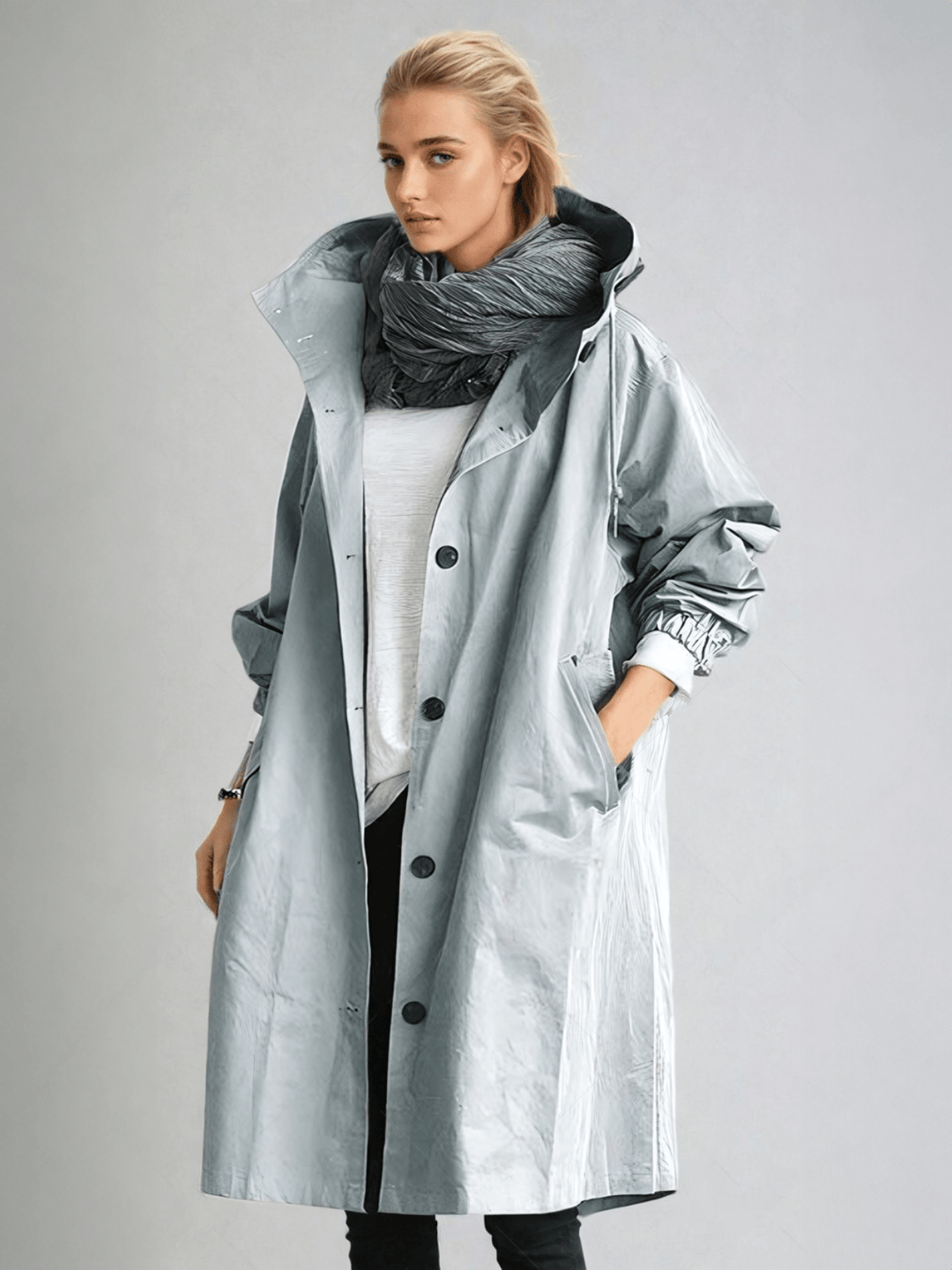 Dame i lang trenchcoat med hætte, knaplukning og frontlommer