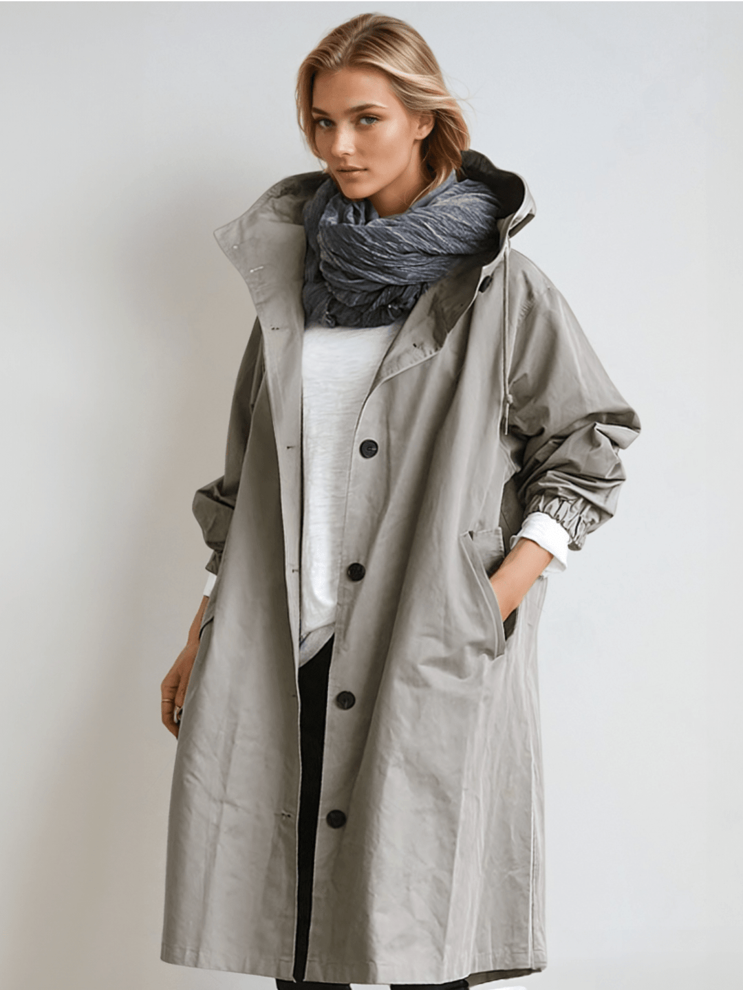 Dame i lang trenchcoat med hætte, knaplukning og frontlommer