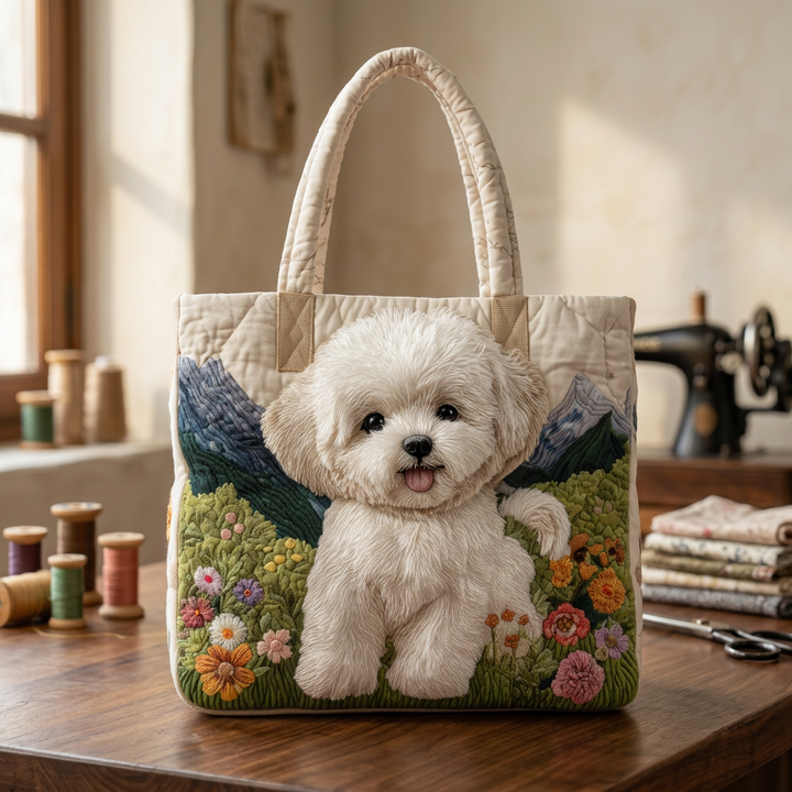 Quiltet håndtaske med hunde- og blomstermotiv