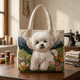 Quiltet håndtaske med hunde- og blomstermotiv