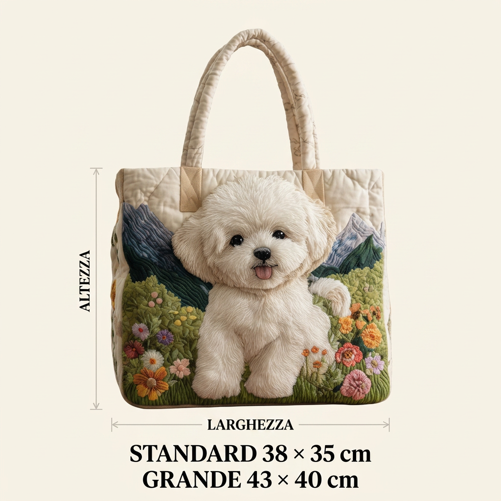 Quiltet håndtaske med hunde- og blomstermotiv