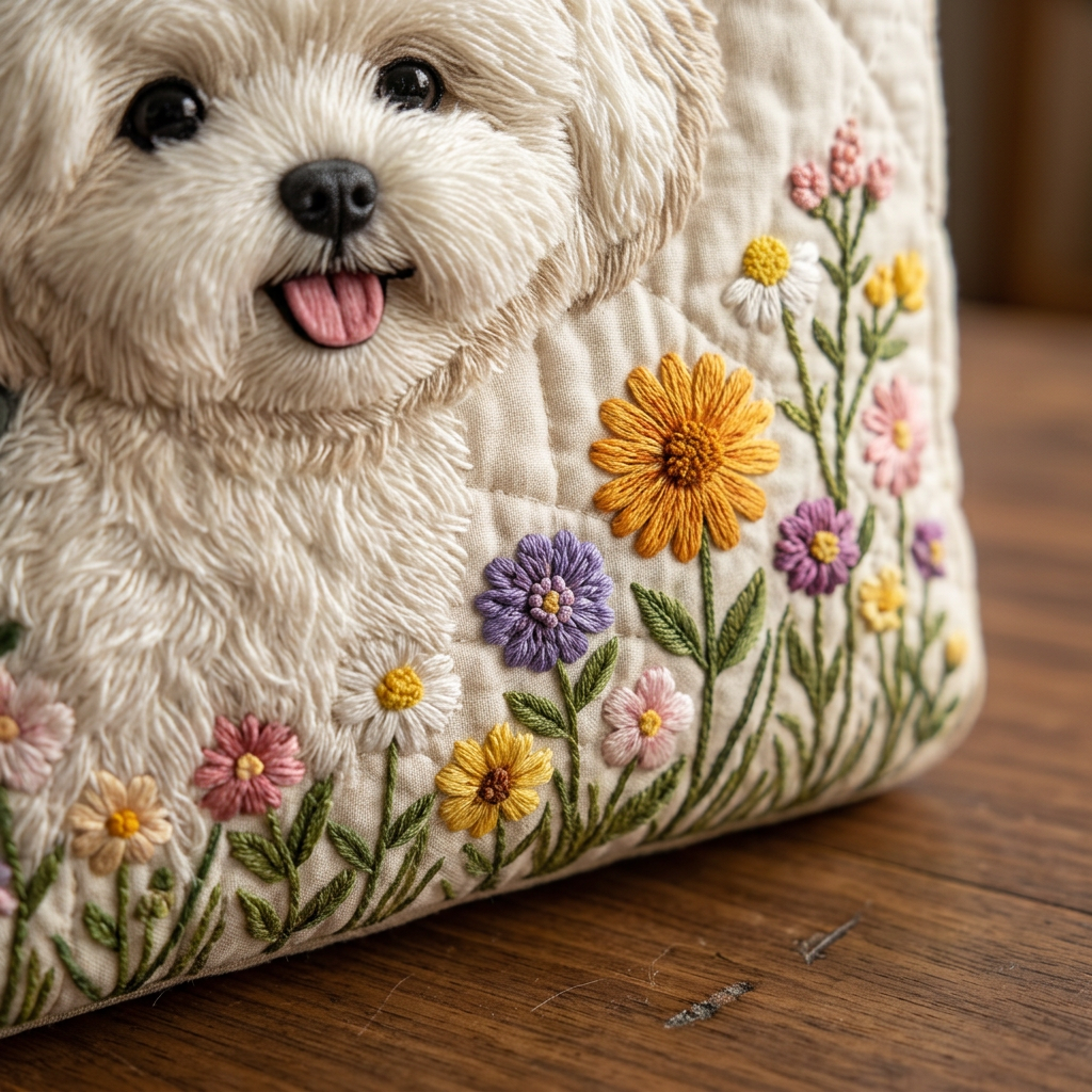 Quiltet håndtaske med hunde- og blomstermotiv